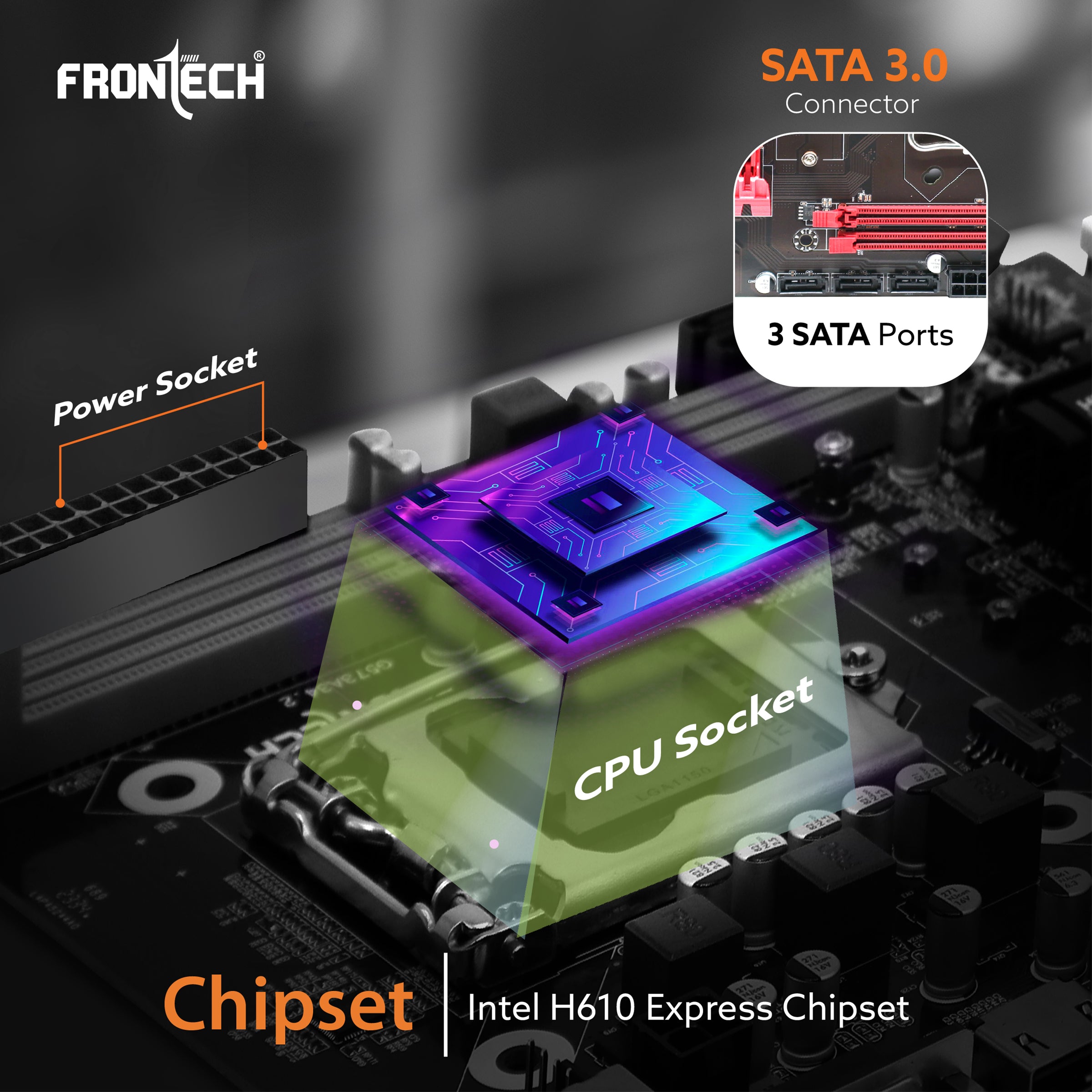 Frontech H610 Motherboard | Supports 12th Gen CPUs (LGA 1700), DDR4 3200, Realtek Audio, 2xUSB 3.0, 4xUSB 2.0, 3xSATA, NVMe/M.2, HDMI, VGA, PCIe x16 (FT-0485) Frontech H610 Motherboard | Supports 12th Gen CPUs (LGA 1700), DDR4 3200, Realtek Audio, 2xUSB 3.0, 4xUSB 2.0, 3xSATA, NVMe/M.2, HDMI, VGA, PCIe x16 (FT-0485)